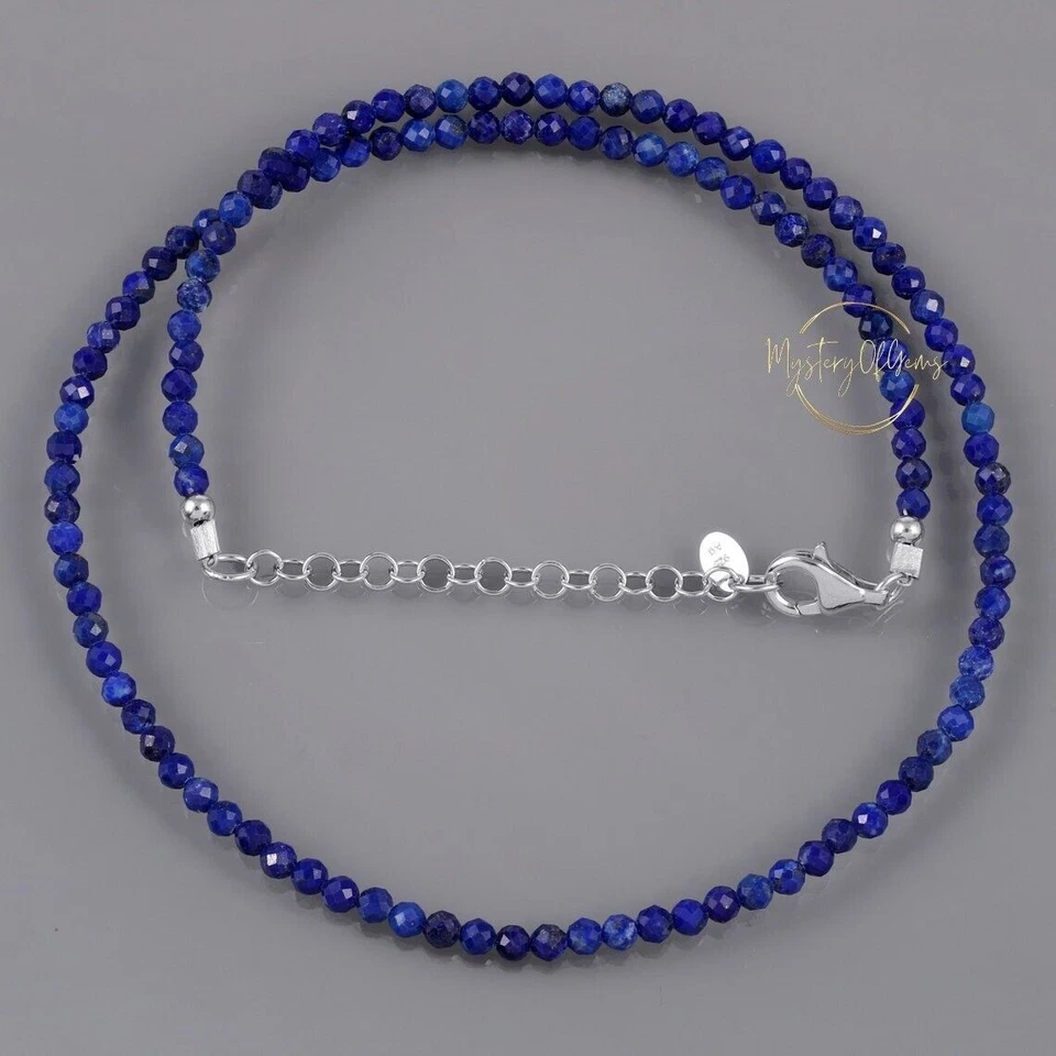 Collana di perle tonde sfaccettate in lapislazzuli naturali 18" con... - Immagine 1 di 4