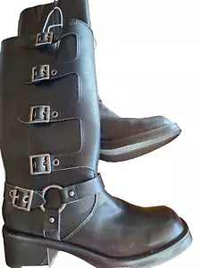 Womens Black Knee High Boots Inside Zipper Outside Buckles (Size 8) - Picture 1 of 3
