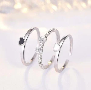 3 in1 Flower Clover Black/White Silver Pave Cubic Zirconia Adjustable Band Ring - Picture 1 of 4