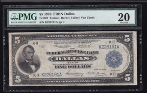 US 1918 $5 FRBN Dallas Note FR 807 PMG 20 VF (191) SCARCE ONLY 39 KNOWN - Picture 1 of 2