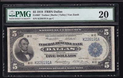 US 1918 $5 FRBN Dallas Note FR 807 PMG 20 VF (191) SCARCE ONLY 39 KNOWN - Image 1 of 2