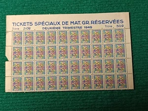 Feuille de Rationnement - TICKETS SPECIAUX DE MAT. GR. RESERVEES - 1949 - Imagen 1 de 1