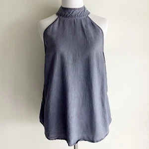 Tuch & Stein Größe Small Neckholder Oberteil Bluse blau grau Knopf Rücken Neckholder Hals - Bild 1 von 7