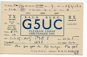 QSL Radio G5UC Fulshaw Lodge Cheltenham England ham 1932 Barlow BERU DX SWL - Picture 1 of 1
