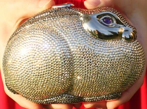 JUDITH LEIBER BUNNY RABBIT SWAROVSKI CRYSTAL CLUTCH MINAUDIERE SILVER GREY PURSE - Picture 1 of 19