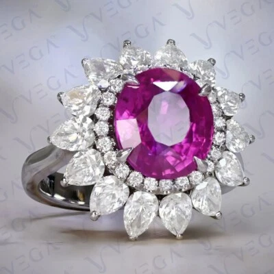 Anillo de compromiso de diamantes y zafiros naturales de corte ovalado de 5,12 quilates enchapado en oro blanco de 18 quilates Foto 1 de 4