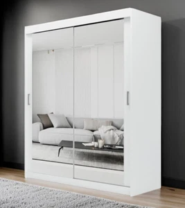 Modern Sliding Door Wardrobe Full Mirror Optional Drawers 5 Sizes 2 Hanging Rail - Picture 1 of 44