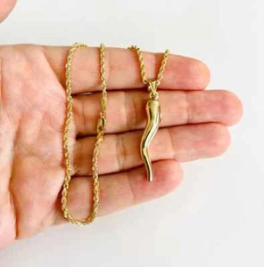 10K Real Gold Italian Cornicello Pendant Necklace- 2.2 mm Rope- 1.7" Horn -K6388 - Picture 1 of 17
