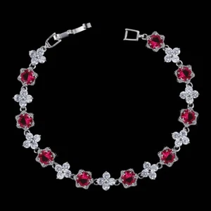 Silver Plated Cubic Zircon Rose Red Amerian Crystal Flower Star Bracelet Bangle - Foto 1 di 22