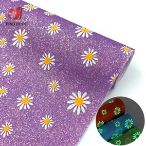 Fluorescent Daisy Floral Fine Glitter Sparkle Faux Leather Fabric Bows Earring - Picture 1 of 8