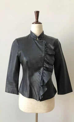 Chaqueta con volantes recortados de cuero de cordero negra Cynthia Vincent 4 XS S  Foto 1 de 4