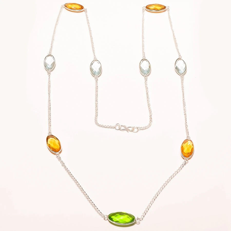 Peridot,Citrine, Blue Topaz Bohemian Gemstone 925 Sterling Silver Necklace S836 - Image 1 of 4