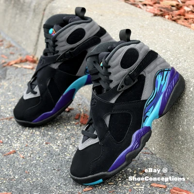 Nike Air Jordan 8 Retro (GS) Shoes Black Auqatone Gray 305368-006 Multi Size NEW - Image 1 of 4