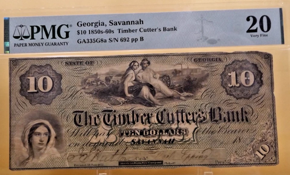 1859 $10 Note PMG 20 Very Fine - Timber Cutter's Bank Savannah Georgia - Image 1 of 4