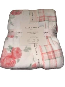 Laura Ashley 90x90 Queen Full Blanket Reversible Pink Floral Albertine Plaid NEW - Picture 1 of 5