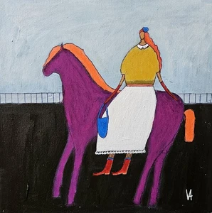 Painting Original Woman Horse Portrait Canvas Outsider Whimsical 10x10 Art - Picture 1 of 10