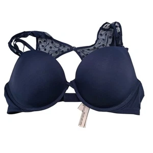 Victorias Secret Sz 36D Padded Plunge Bra Blue Polka Dot Lace Back NEW - Picture 1 of 6