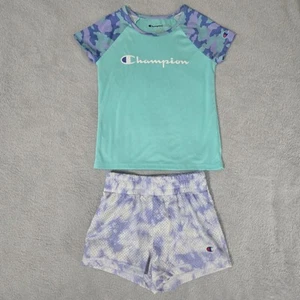 Champion Girls Athleticwear Set Aqua & Purple Camouflage Tee With Shorts Size 5 - Picture 1 of 5