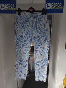 ROBELL White Blue Print Stretch Pull On Trousers Pants Uk 10 - Picture 1 of 3