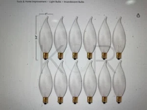 Pack of 10 – 25 Watt Flame Tip Shape Frosted Candelabra Light Bulbs, E12 Base - Picture 1 of 3