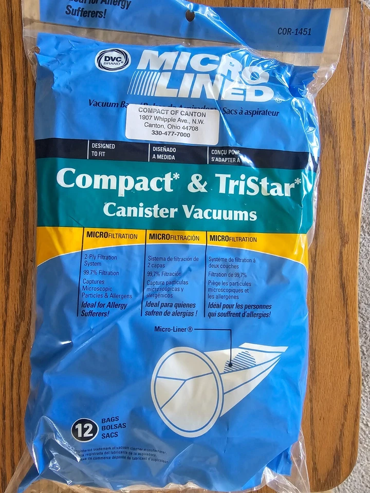 DVC Microlined Vacuum Bags Designed To Fit Compact and TriStar Canister Vacuums - Image 1 of 1