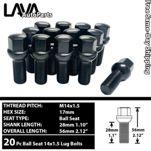 20PC BLACK 14X1.5 BALL SEAT LUG BOLT 28MM SHANK FIT VOLKSWAGEN STOCK WHEEL&MORE - Picture 1 of 3