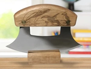 Alaskan Birch Ulu Knife W/ Block Stand Stand Ocean Collage Orca Humpback Puffin - Picture 1 of 7