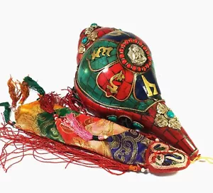 Tibetischer Schankh Muschel Trompete Horn Statue türkis Koralle sitzender Buddha - Bild 1 von 4