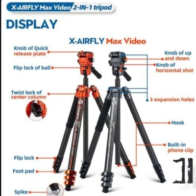 Fotopro X-AIRFLY Max Carbon fiber Video Travel Tripod/Monopod w Ball/Fluid Head - Image 1 of 4