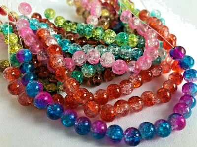 100 Glass Crackle Glitter Beads 7.5mm Two Tone Jewellery Making Crafts Bright  - Image 1 of 4