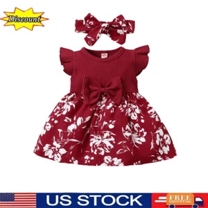 2PCS Baby Girls Floral Cotton Romper Ruffled Sleeve Infant Jumpsuit Headband Set - Picture 1 of 8