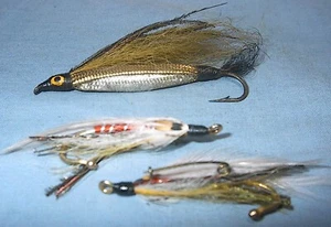 FISHING LURE 3 DIFFERENT FLIES 1 STREAMER 2 PINS CLEAN UNMARKED MAINE BARN FIND - Picture 1 of 3