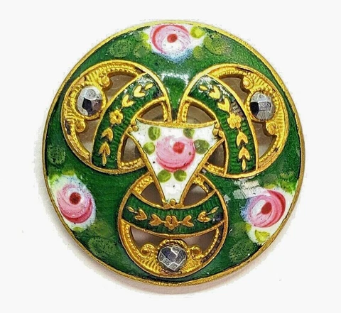 Pierced Green Enamel with Pink Roses, Triad Design Antique Button 1&1/8" Cover
