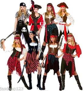 Womens Pirate Fancy Dress Costumes Caribbean Shipwreck Wench Outfit Ladies Seas - Picture 1 of 1