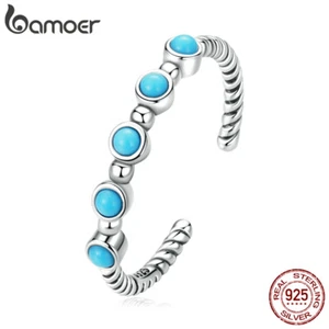 Bamoer Authentic 925 Sterling Silver Turquoise Twist Open Finger Ring For Women - Picture 1 of 12
