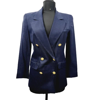 Vintage Liz Clairborne Navy-Blue Double-Breasted Blazer Gold Buttons Size 2P - Image 1 of 4