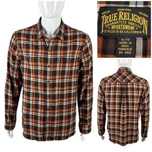 True Religion Mens XL Shirt Button Front Plaids Orange 100% Cotton Pockets EUC - Picture 1 of 11