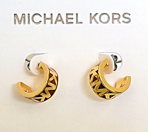 Michael Kors Logo Huggie Hoop Earrings in Gold Tone Metal and Enamel