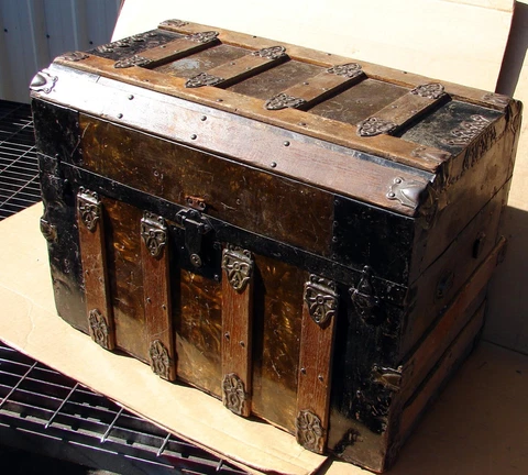 Antique Metal & Wood Bevel Top Steamer Trunk w Mickolson Pat'd 1885 Casters Cover