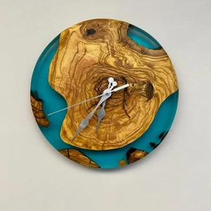 Handmade Epoxy Wall Clock Mirror Set with Olive Wood Unique 3-Piece Decor 20'' - Picture 1 of 4