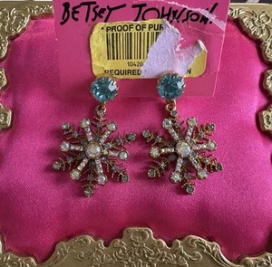Betsey Johnson Vintage Snow Angel Winter Snowflake Blue Crystal AB Earrings - Picture 1 of 2