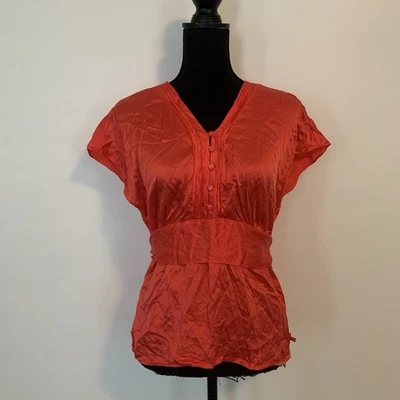 Blusa antigua azul marino naranja coral manga corta seda manchada para mujer grande Foto 1 de 4