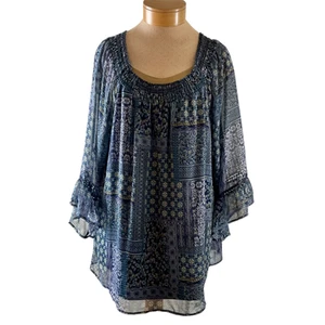 Westport 1962 Blouse 3X Blue Patchwork Floral Boho Ruffled Bell Sleeves New - Picture 1 of 10
