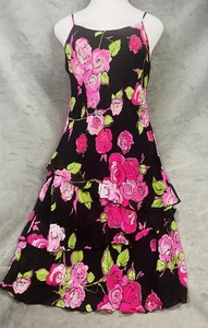 Vestido De Colección Y2K Tirantes Negro y Rosa Brillante Estampado Floral Corte Sesgado Fluido Talla L - Imagen 1 de 8