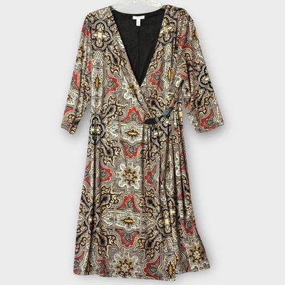 Charter Club Women’s Equestrian Midi Wrap Dress Size XL Brown Orange Yellow Boho - Image 1 of 4