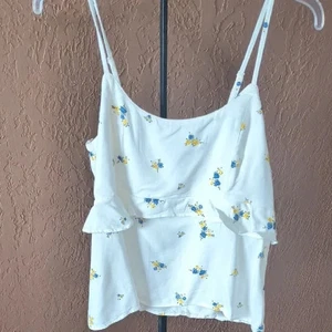 Antigua camisola floral azul marino en crema con flores azules y amarillas talla pequeña - Imagen 1 de 7