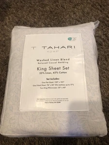 TAHARI Washed LINEN Blend KING Size Sheet Set, Soft Blue Floral Pattern - Picture 1 of 3