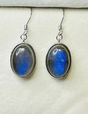 Pendientes colgantes de gancho de labradorita arco iris natural de plata de ley 925 Foto 1 de 4