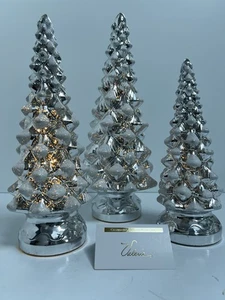 3 Pc Silver Glass Lighted Christmas Trees  (10”- 14”) by Valerie Parr Hill QVC - Picture 1 of 19