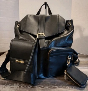 Steve Madden Kordelzug Rucksack Fronttaschen Geldbörse Kunstleder Schwarz Neu - Bild 1 von 10